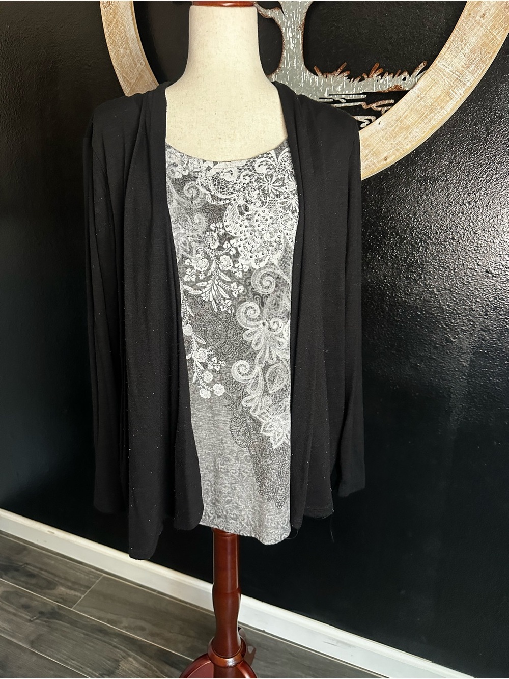 White Stag Black Open-Front Cardigan with Gray Printed Top
